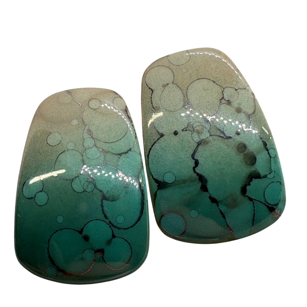 Vintage Handmade Ceramic Post Earrings Turquoise Green Glazed Abstract Shield
